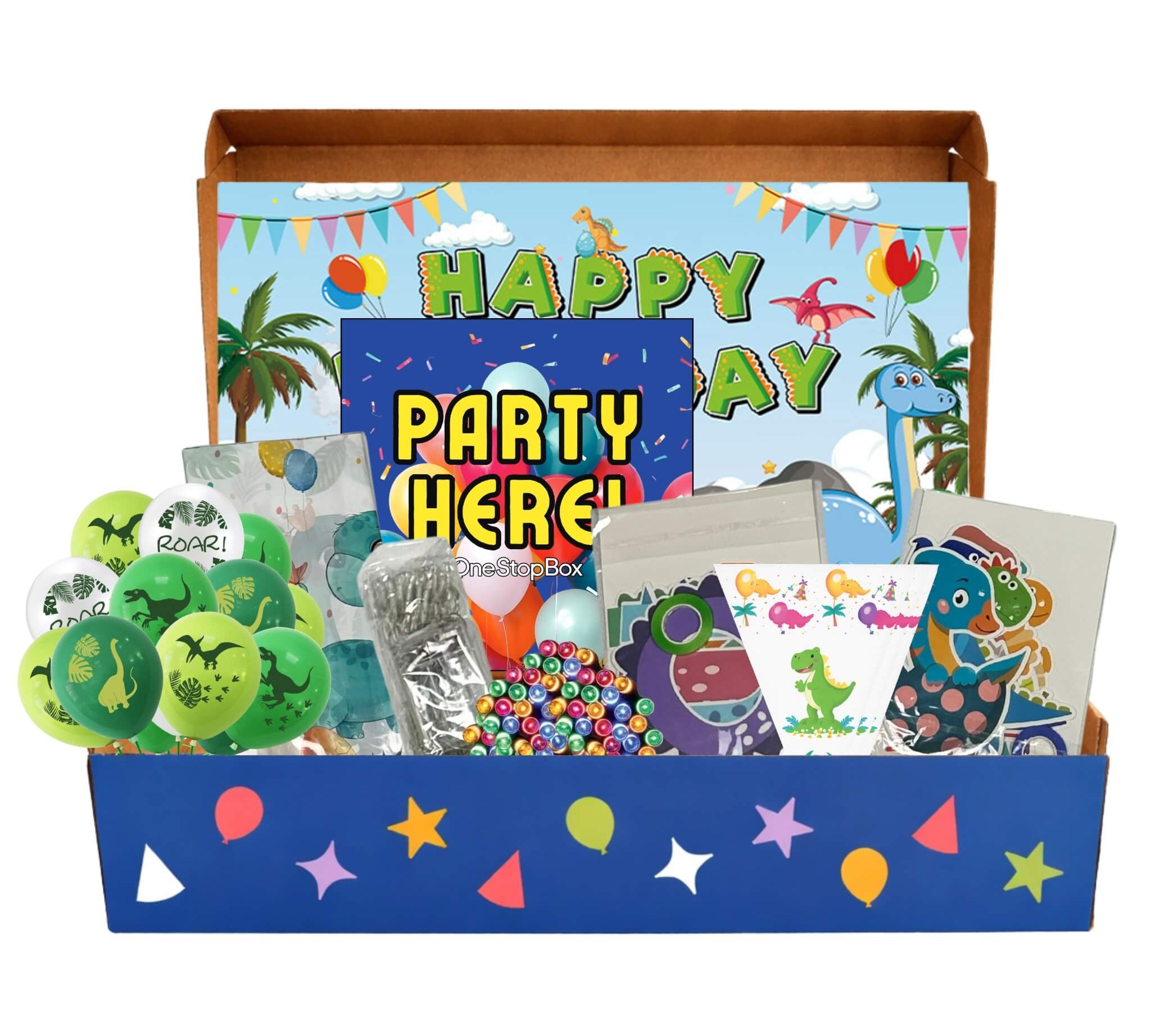 Children's party favor box with dinosaur-themed items on a white background for kids parties