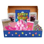 Party supply kit with balloons, decorations, pink foil fridge, and a 'Party Here!' sign in a box.
