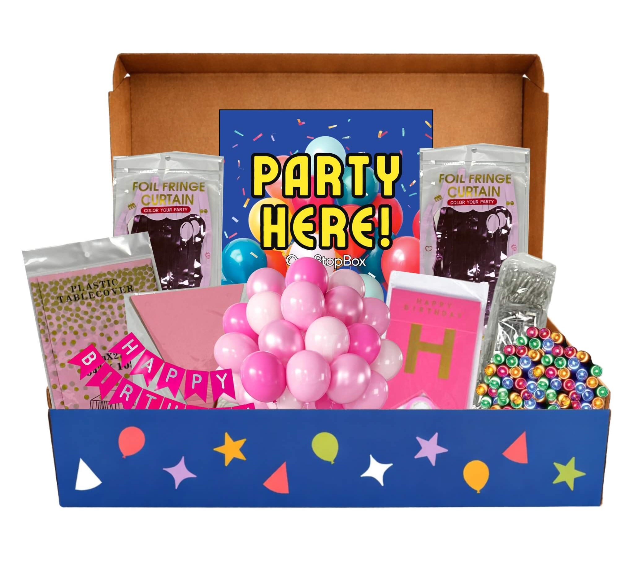 Party supply kit with balloons, decorations, pink foil fridge, and a 'Party Here!' sign in a box.