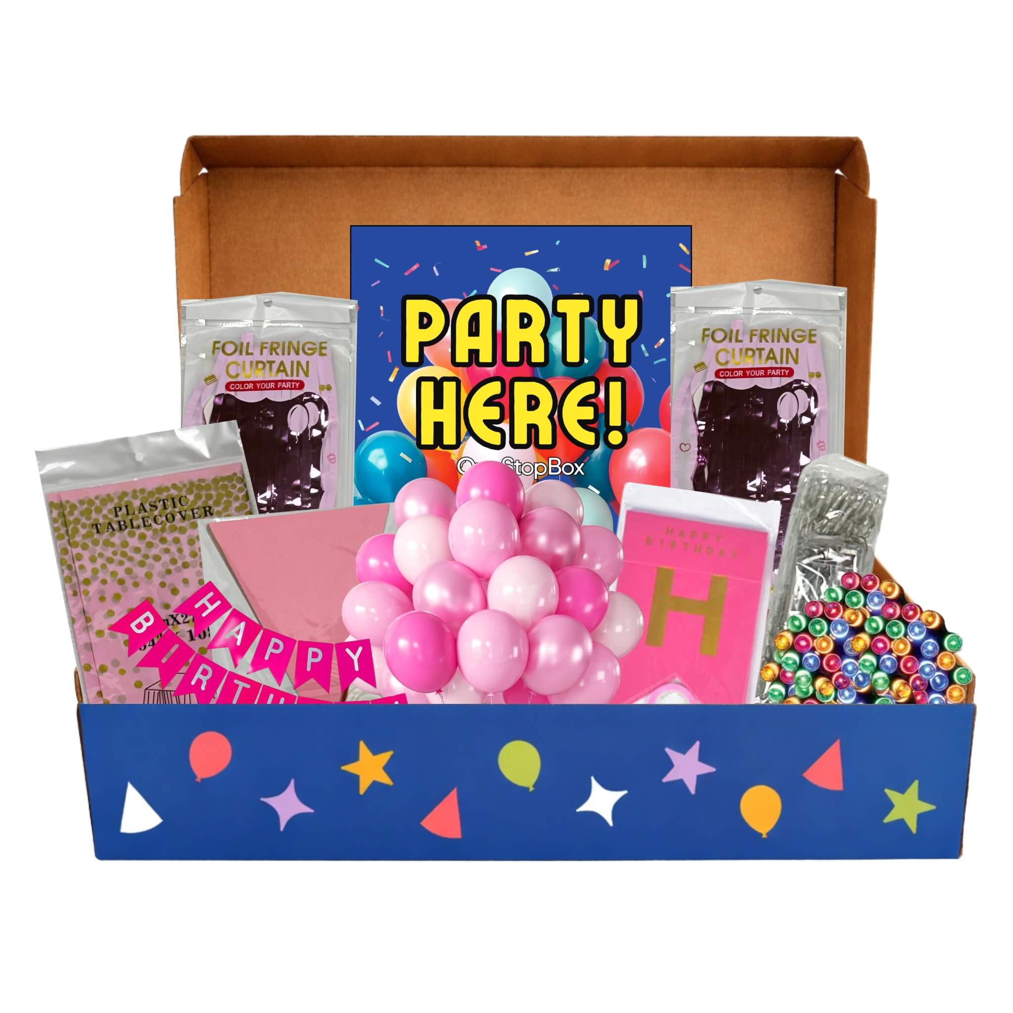 Party supply kit with balloons, decorations, pink foil fridge, and a 'Party Here!' sign in a box.