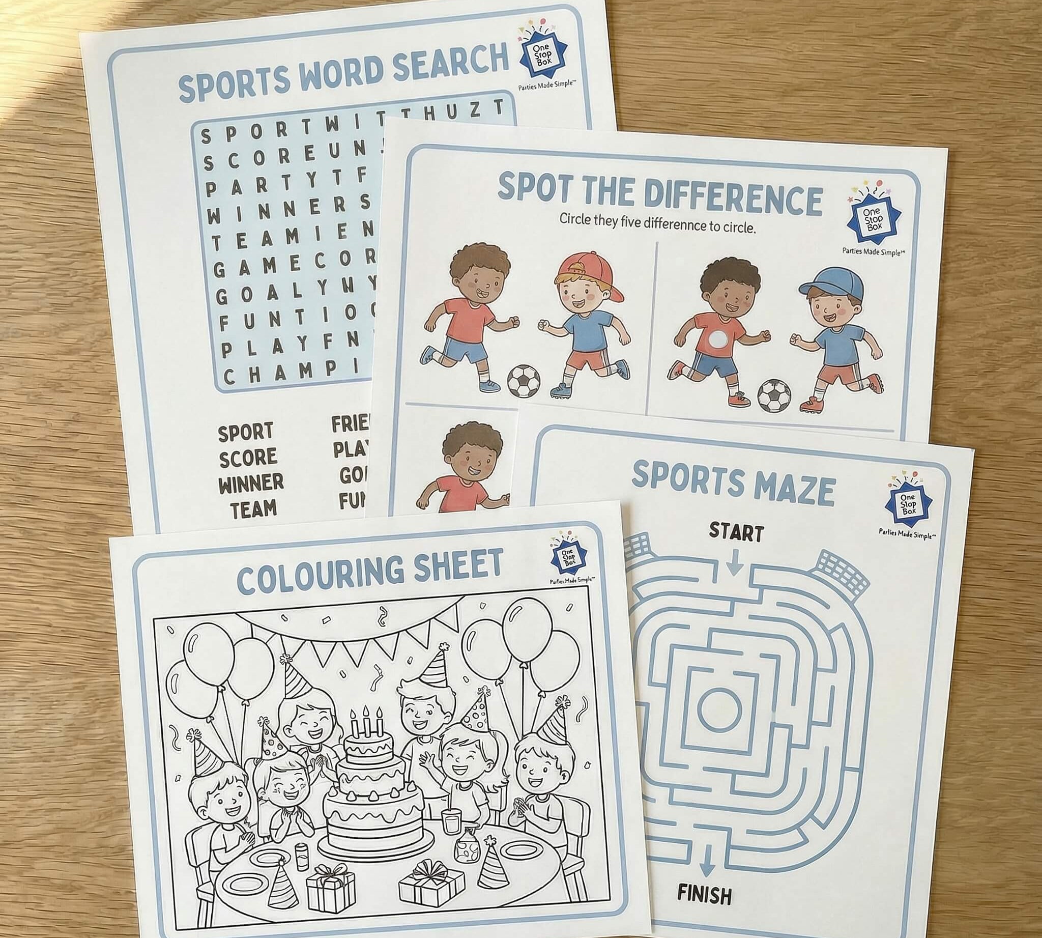 Sports themed activity sheets including word search, spot the difference, and colouring sheet
