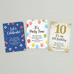 Three printable kids birthday party invitation designs including a sports theme, colourful balloon theme and gold glitter 10th birthday design.