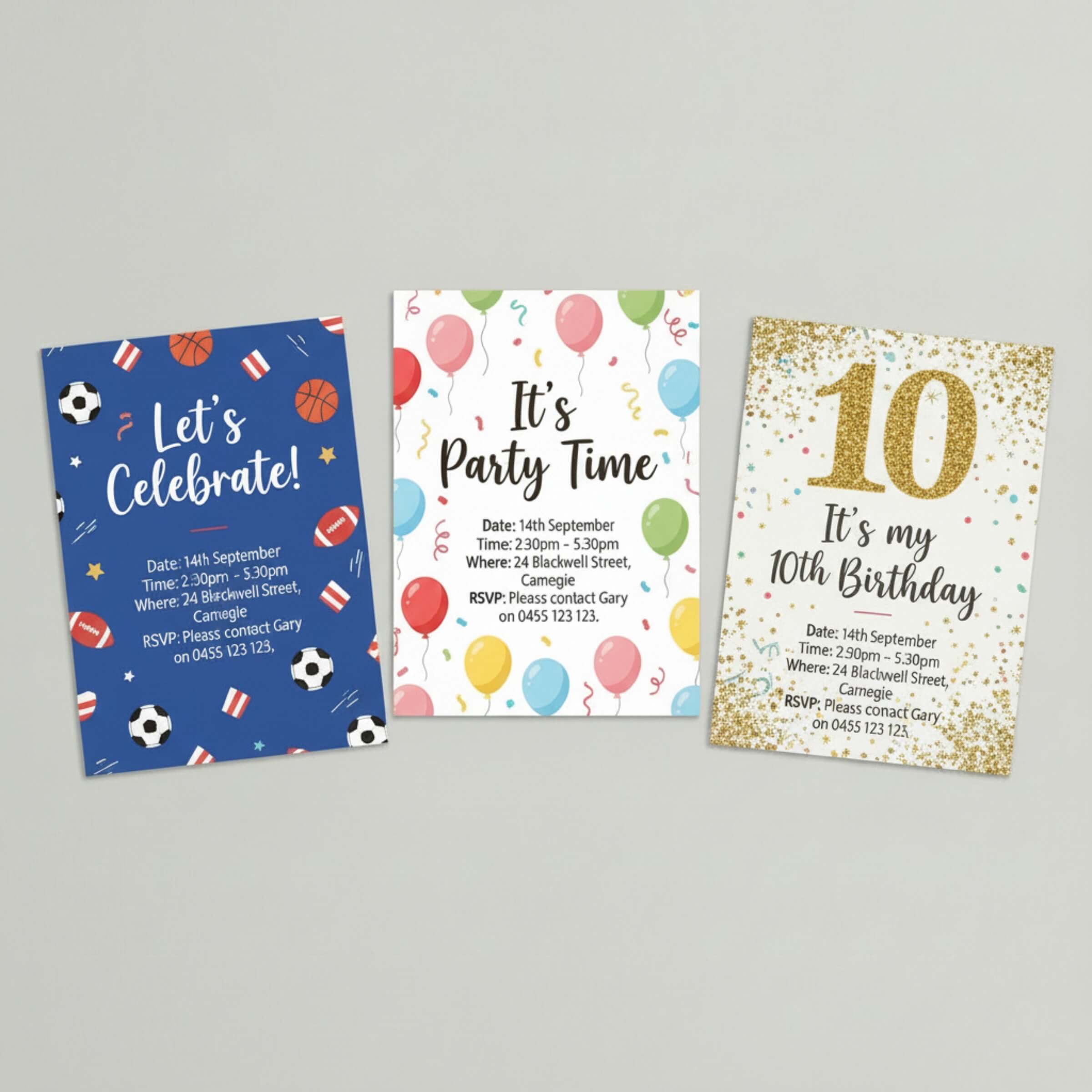 Three printable kids birthday party invitation designs including a sports theme, colourful balloon theme and gold glitter 10th birthday design.