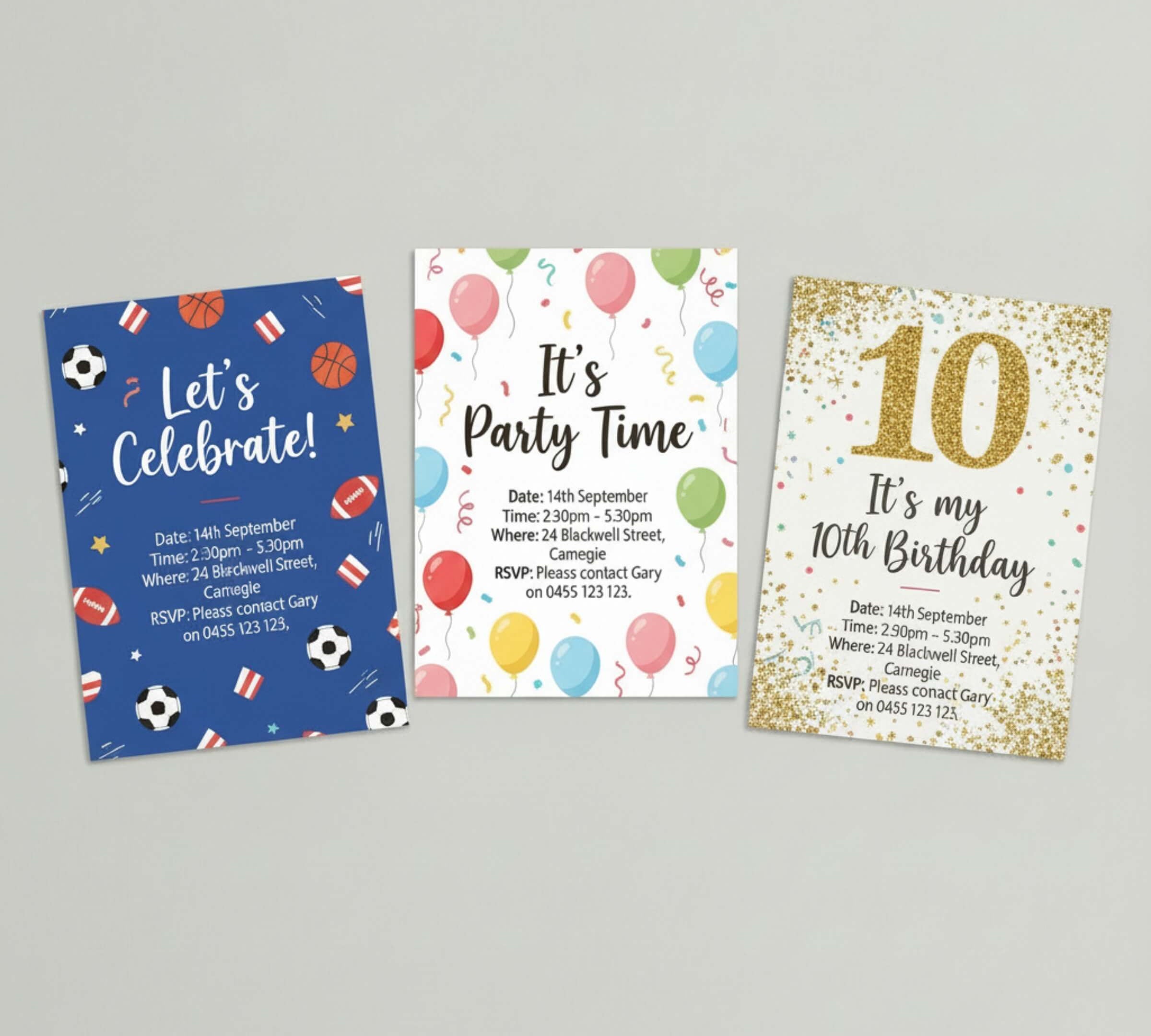 Three printable sports themed kids birthday party invitation designs
