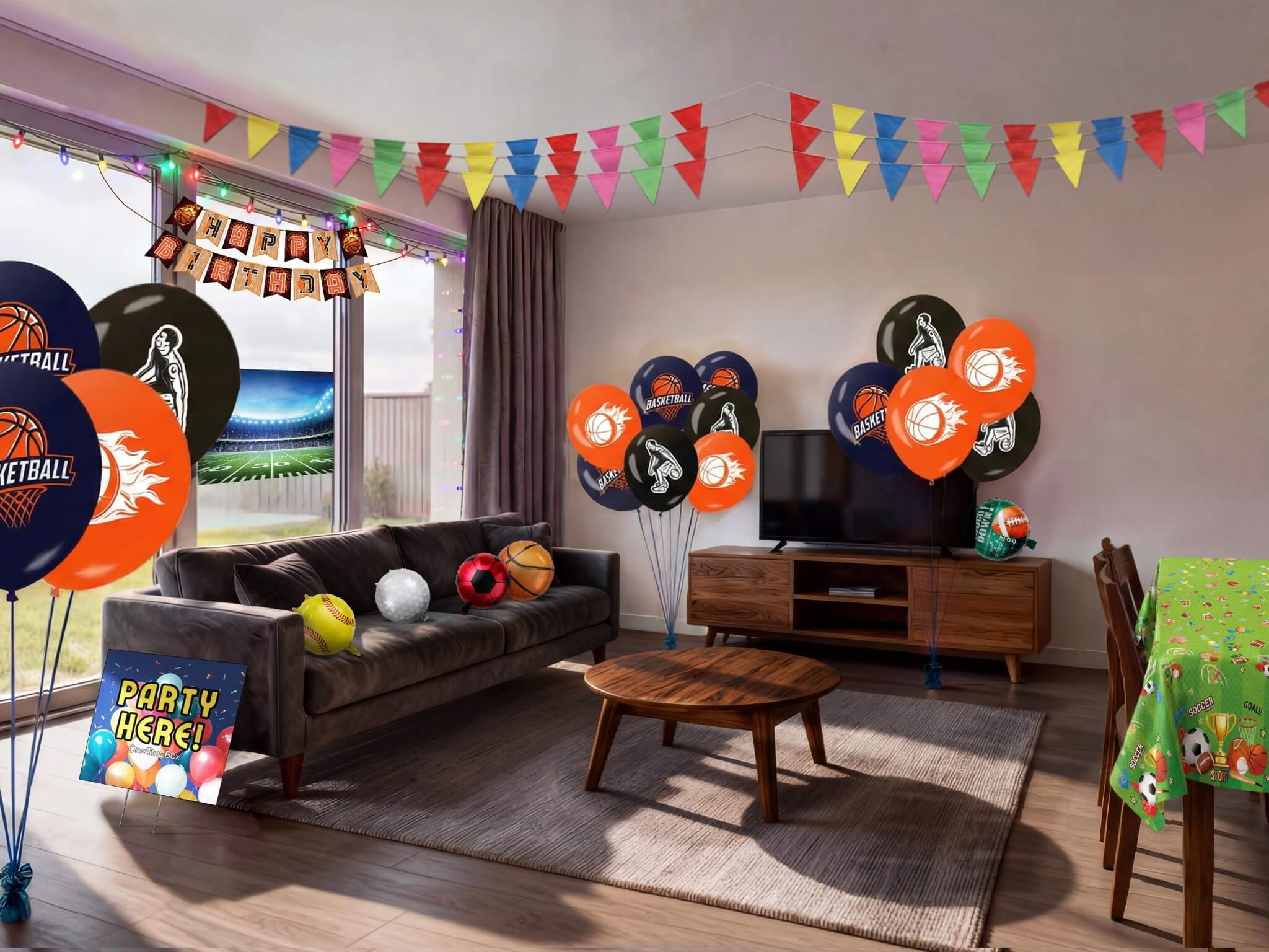 Sports themed kids birthday party decorations kit Australia, including basketball printed balloons, multicolour triangle bunting, happy birthday banner, sports ball props and sports table cover.