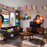 Complete sports themed kids birthday party decorations kit Australia, including basketball printed balloons, multicolour balloon garland, triangle bunting, sports ball lanterns, wall decals, sports ball props, happy birthday banner and sports table cover.