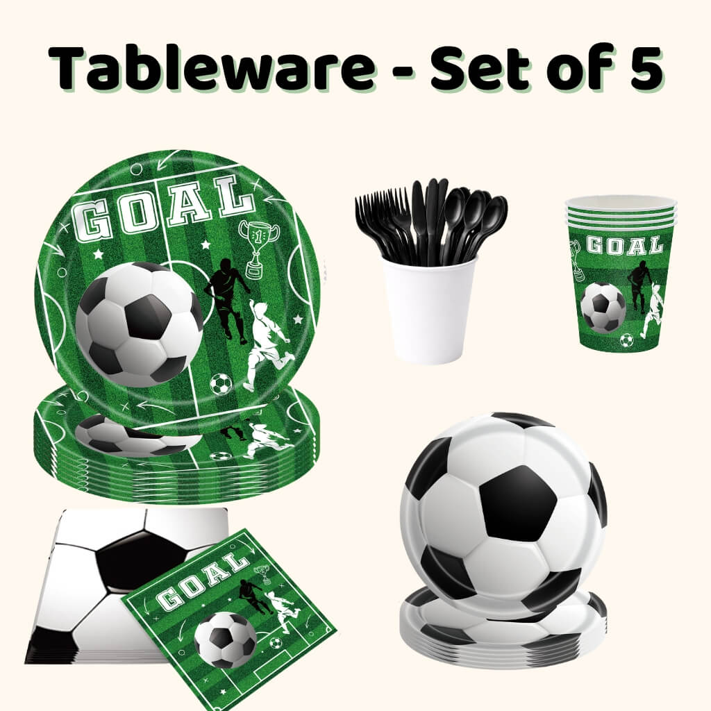 Sports party tableware set with plates, cups, napkins and cutlery for a kids party or soccer party