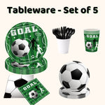 Sports party tableware set with plates, cups, napkins and cutlery for a kids party or soccer party