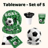 Sports party tableware set with plates, cups, napkins and cutlery for a kids party or soccer party
