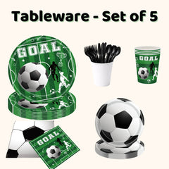 Sports party tableware set with plates, cups, napkins and cutlery for a kids party or soccer party