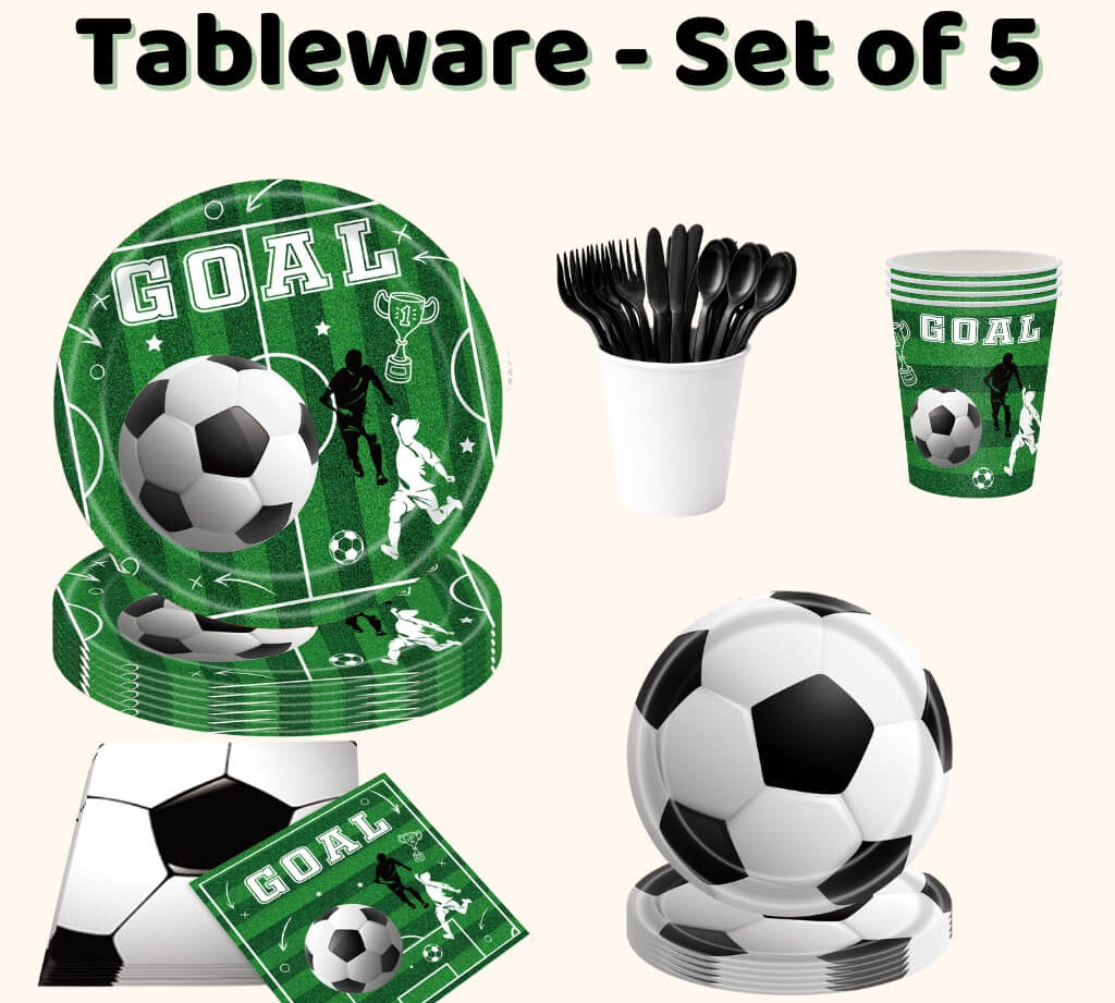Sports party tableware set with plates, cups, napkins and cutlery for a kids party or soccer party