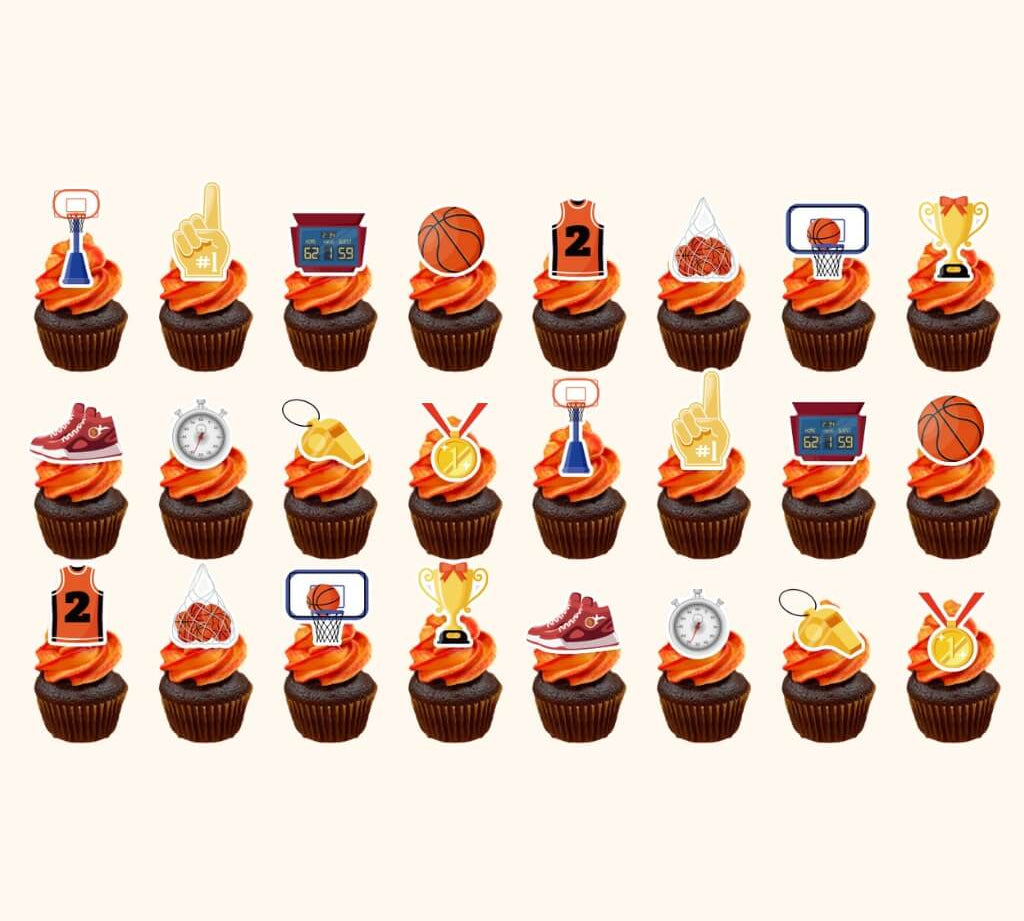 Sports-themed cupcake toppers with team spirit designs