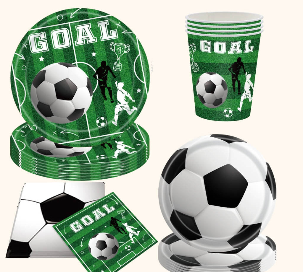 Sports-themed party tableware set with plates and napkins
