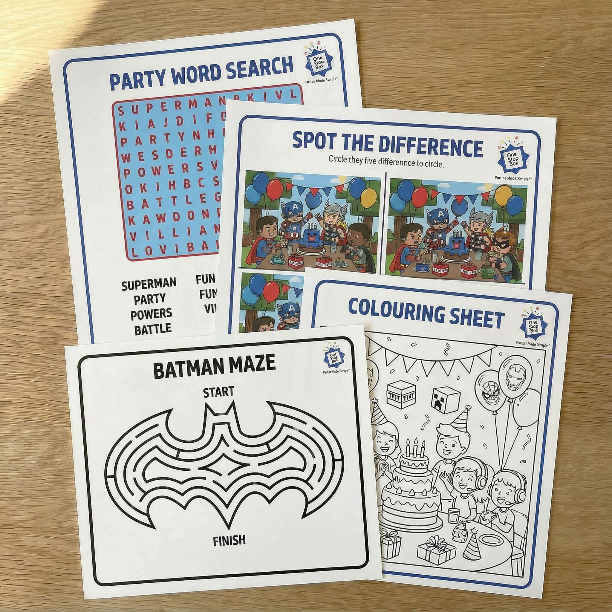 Set of children's activity sheets including a word search, spot the difference, colouring sheet, on a wooden surface.