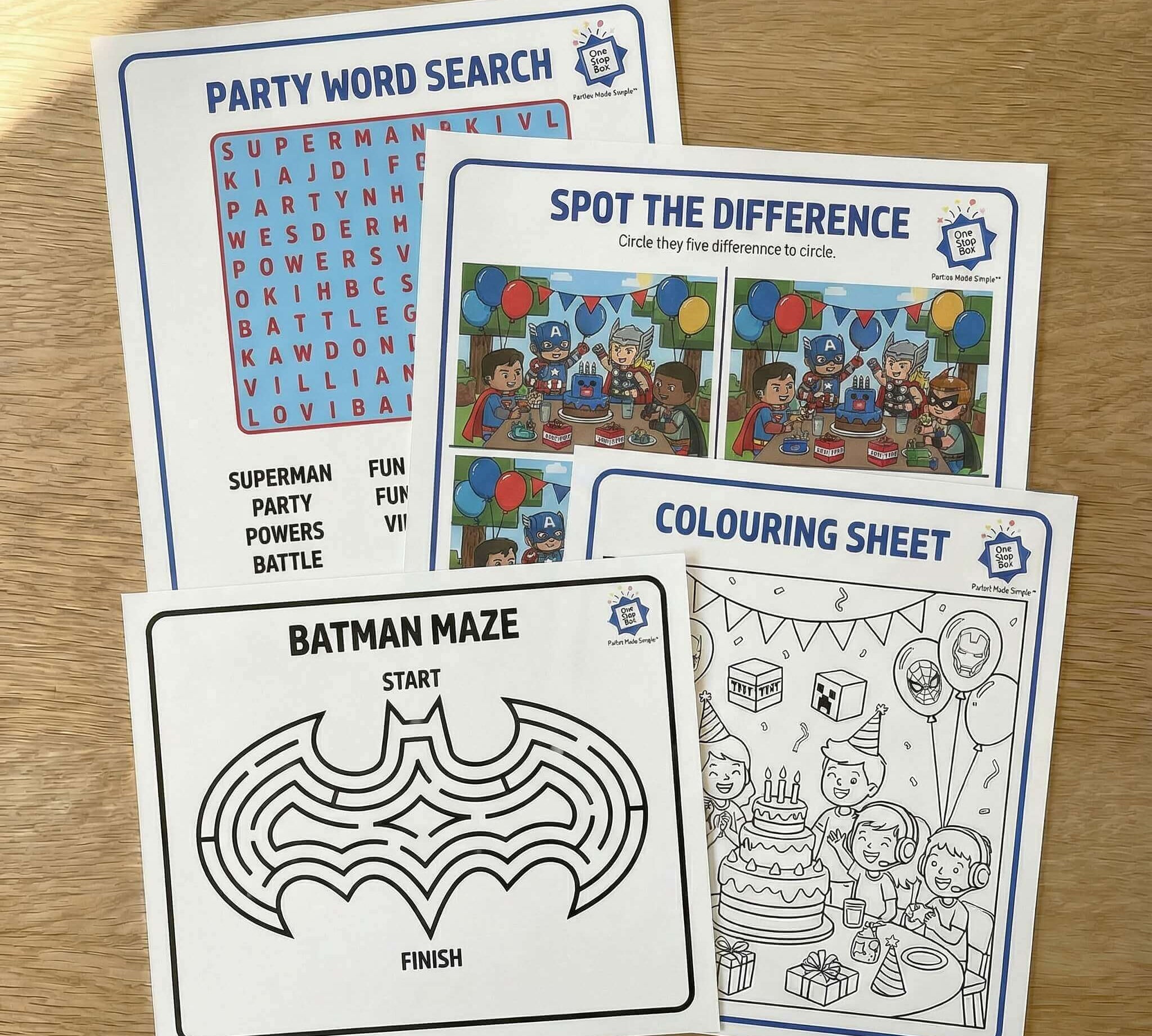 Superhero themed activity sheets including word search, spot the difference, colouring sheet