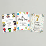 Three printable kids birthday party invitation designs including a superhero character theme, colourful balloon theme and gold glitter 7th birthday design.