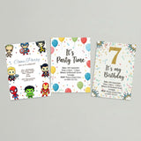 Three printable kids birthday party invitation designs including a superhero character theme, colourful balloon theme and gold glitter 7th birthday design.