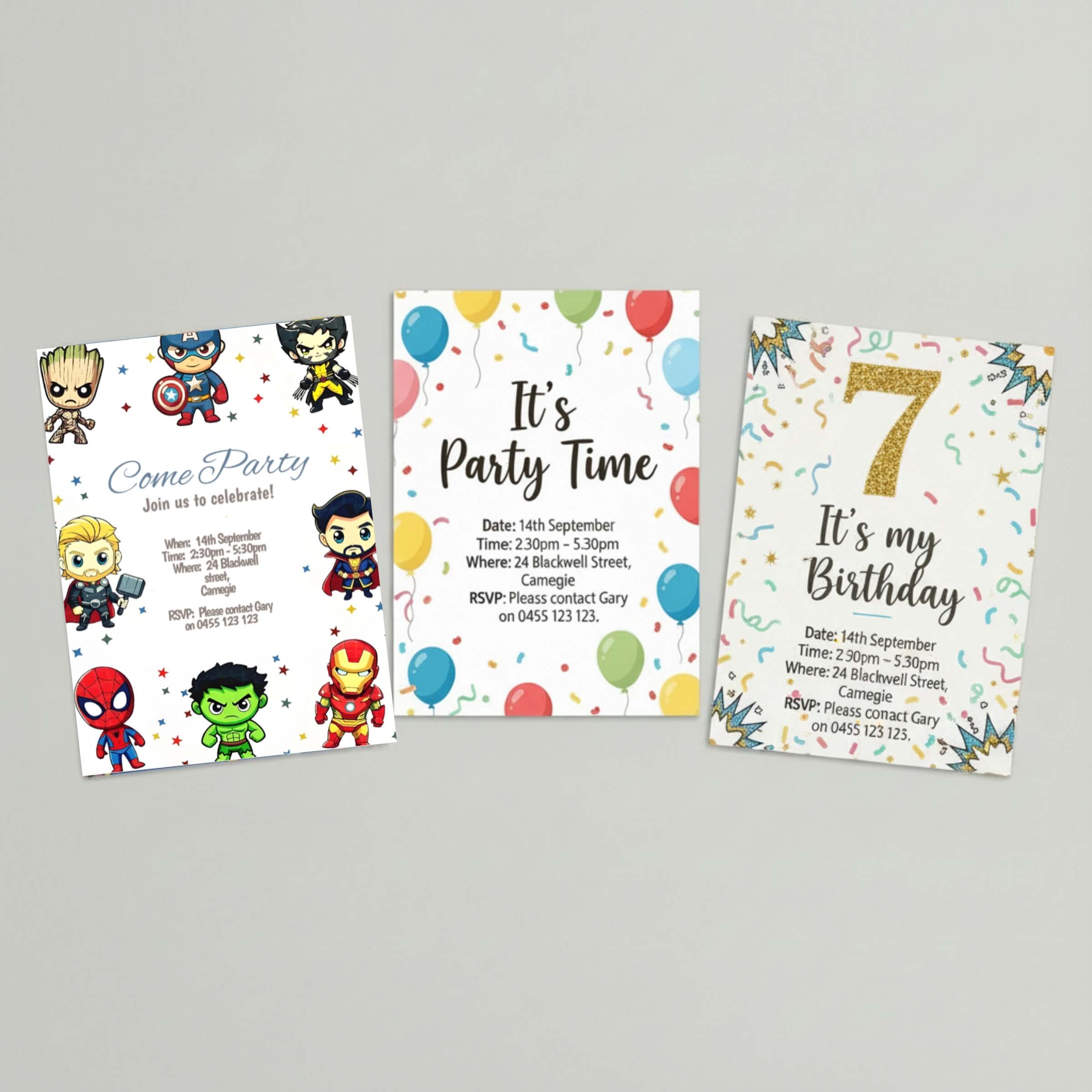 Three printable kids birthday party invitation designs including a superhero character theme, colourful balloon theme and gold glitter 7th birthday design.