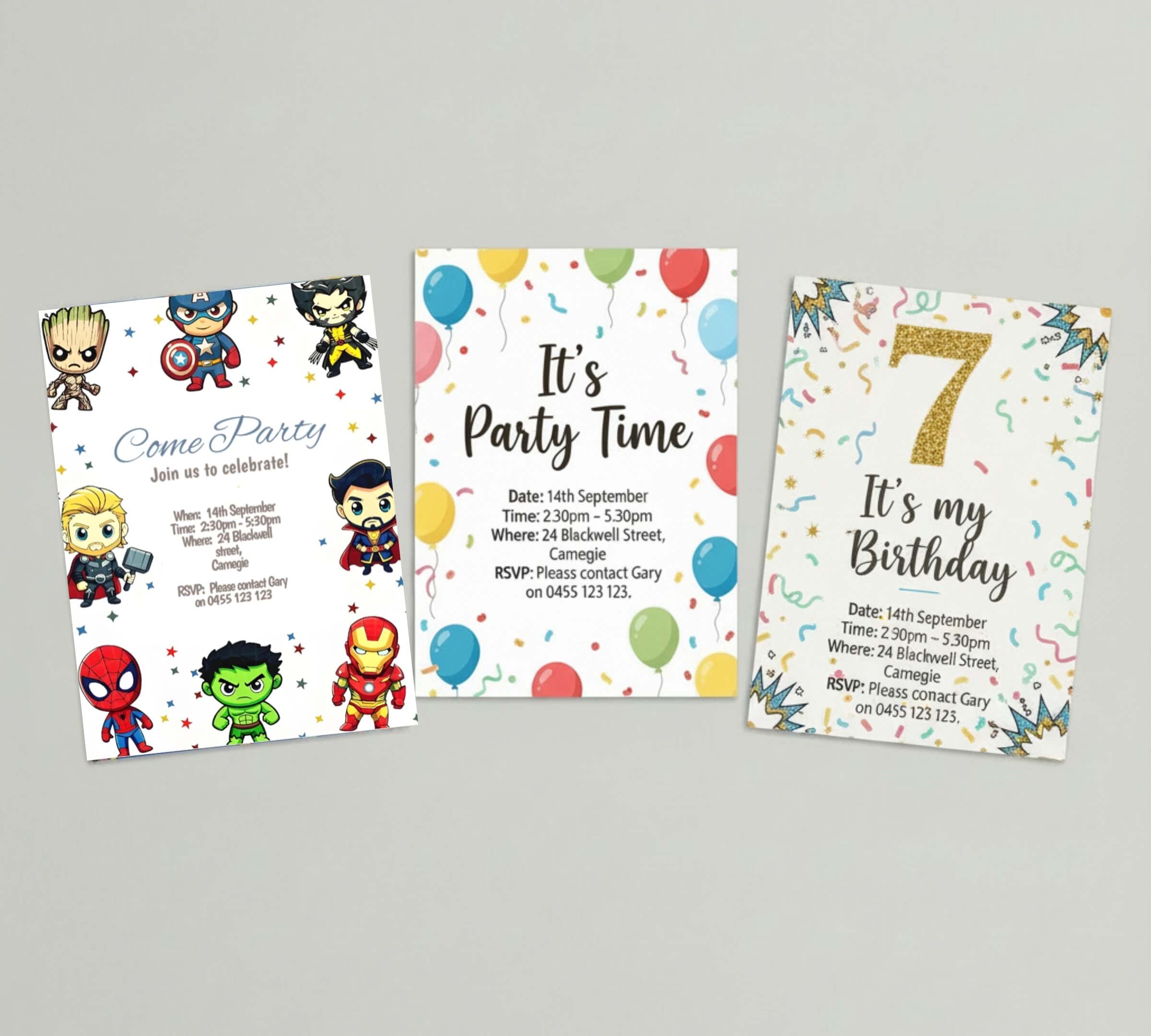 Three printable superhero themed kids birthday party invitation designs