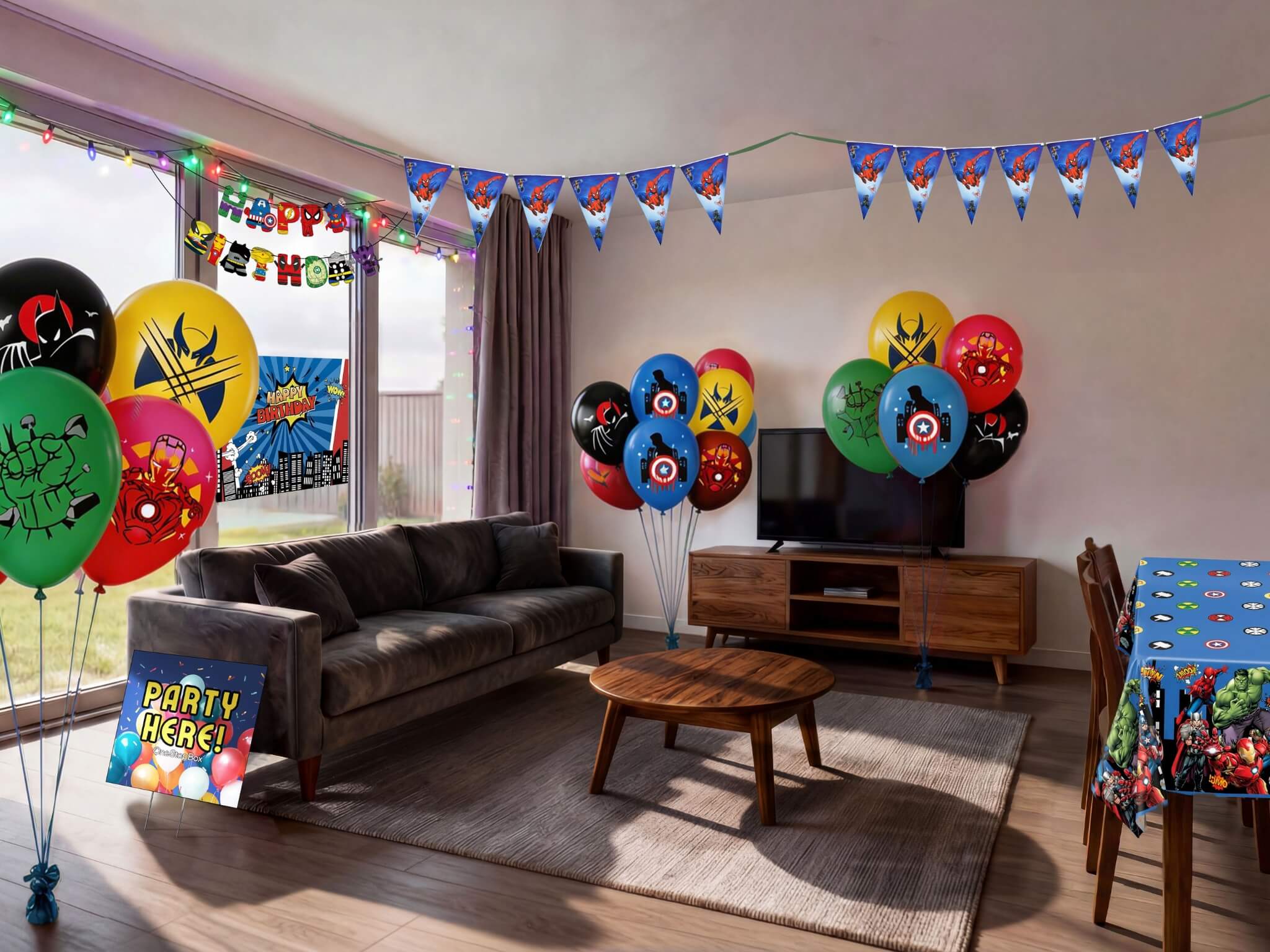 Living room decorated with superhero balloons, bunting and banners for a party. Tablecloth included for this easy super herp party