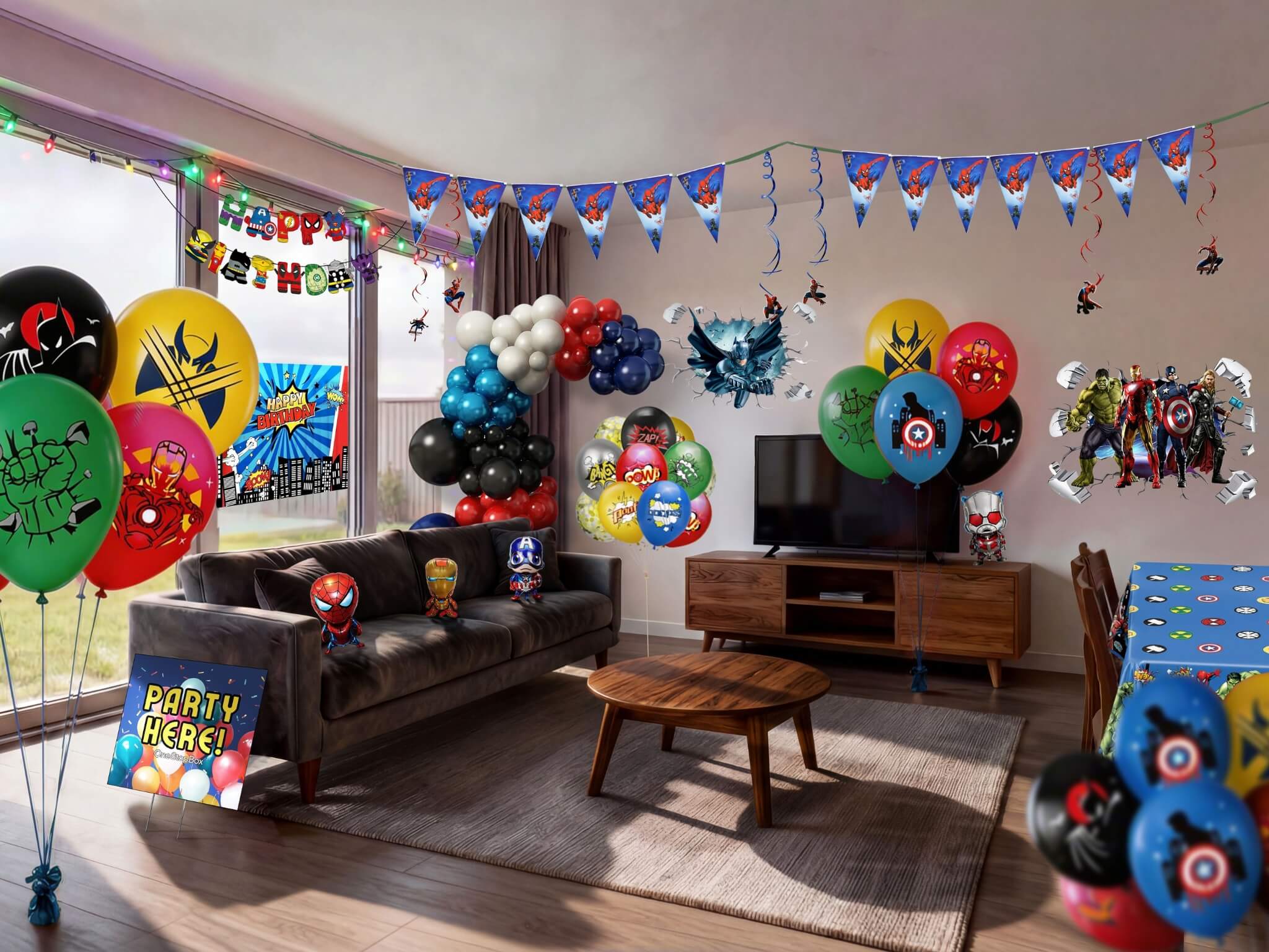 Living room decorated with superhero balloons and banners for a party. Includes balloons, banners and bunting