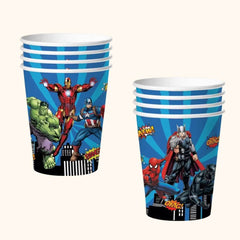 Superhero-themed paper party cups