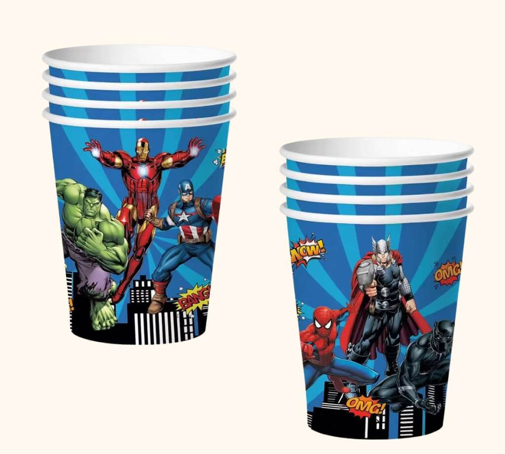 Superhero-themed paper party cups