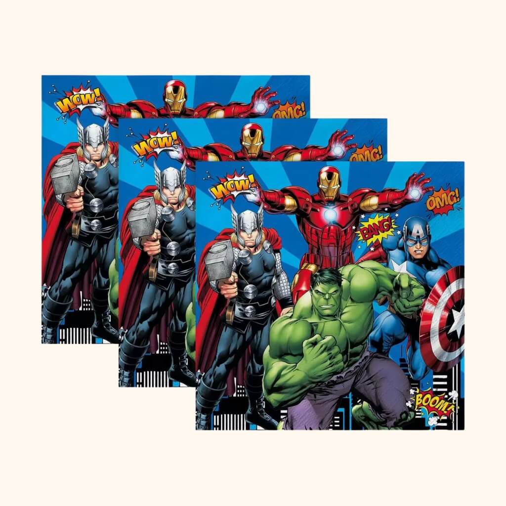 Superhero-themed party napkins with fun designs
