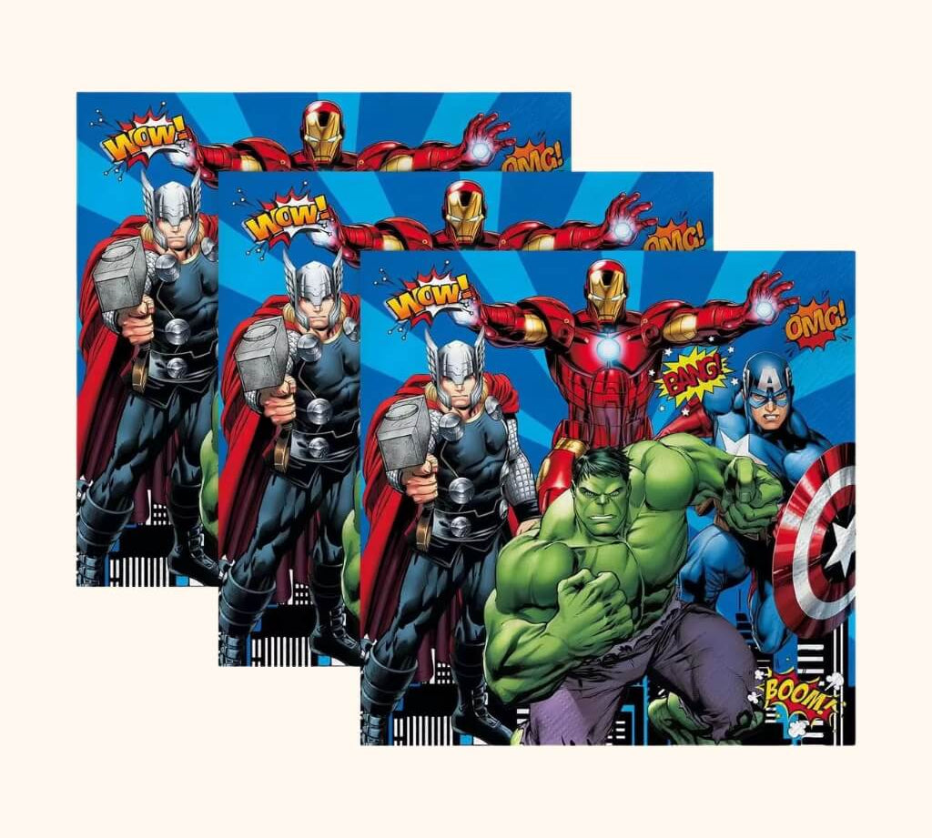 Superhero-themed party napkins with fun designs