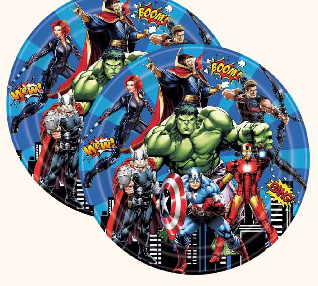 Small and large superhero-themed party plates