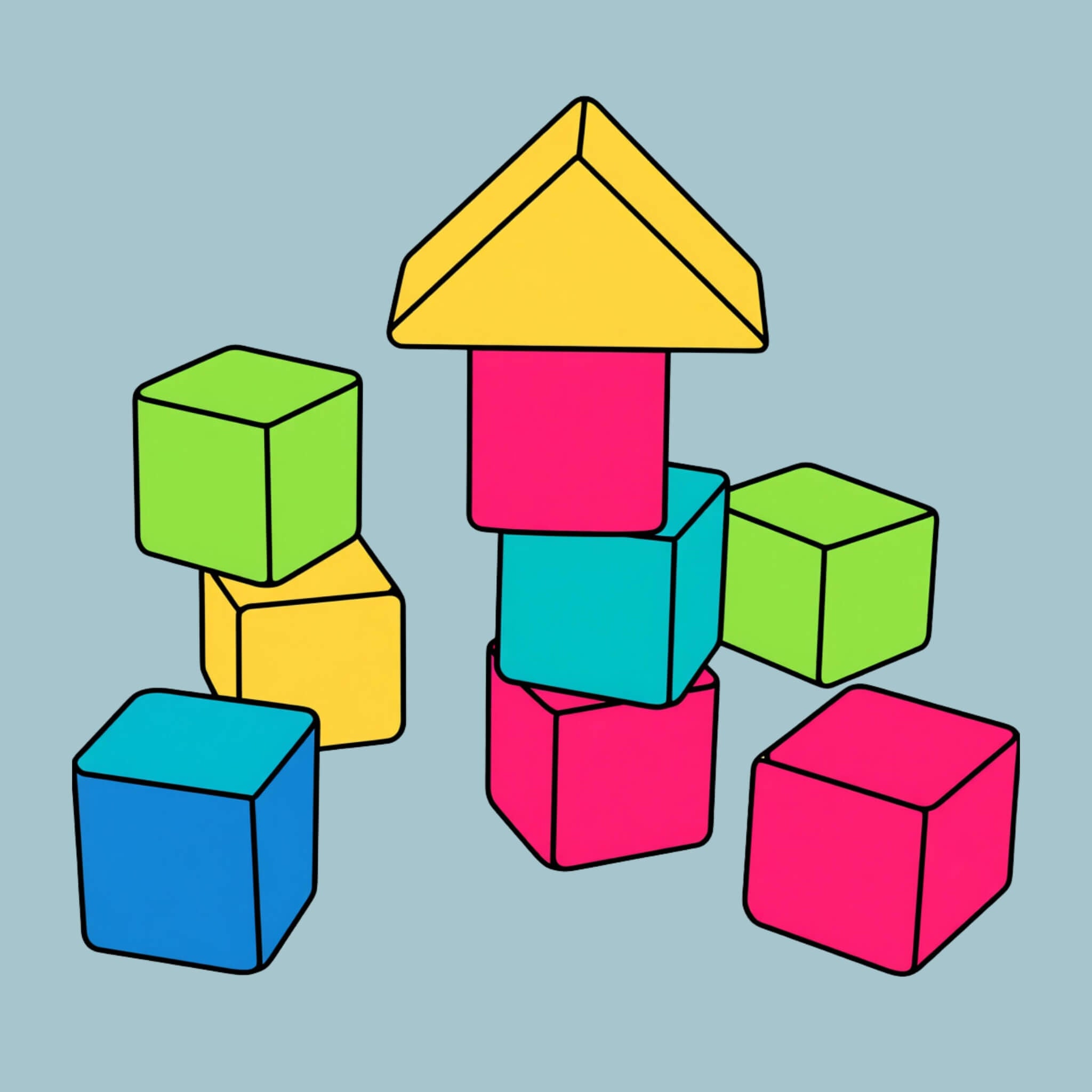 Colorful 3D block structure on a light blue background for toddler parties