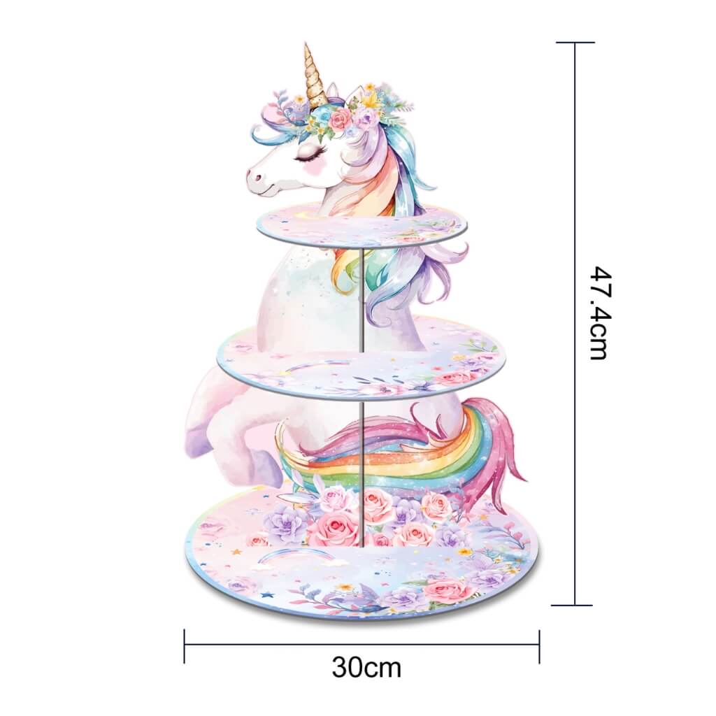 Unicorn-themed cup cake stand with measurements on a white background