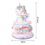 Unicorn-themed cup cake stand with measurements on a white background