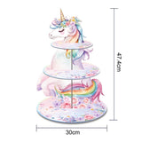 Unicorn-themed cup cake stand with measurements on a white background
