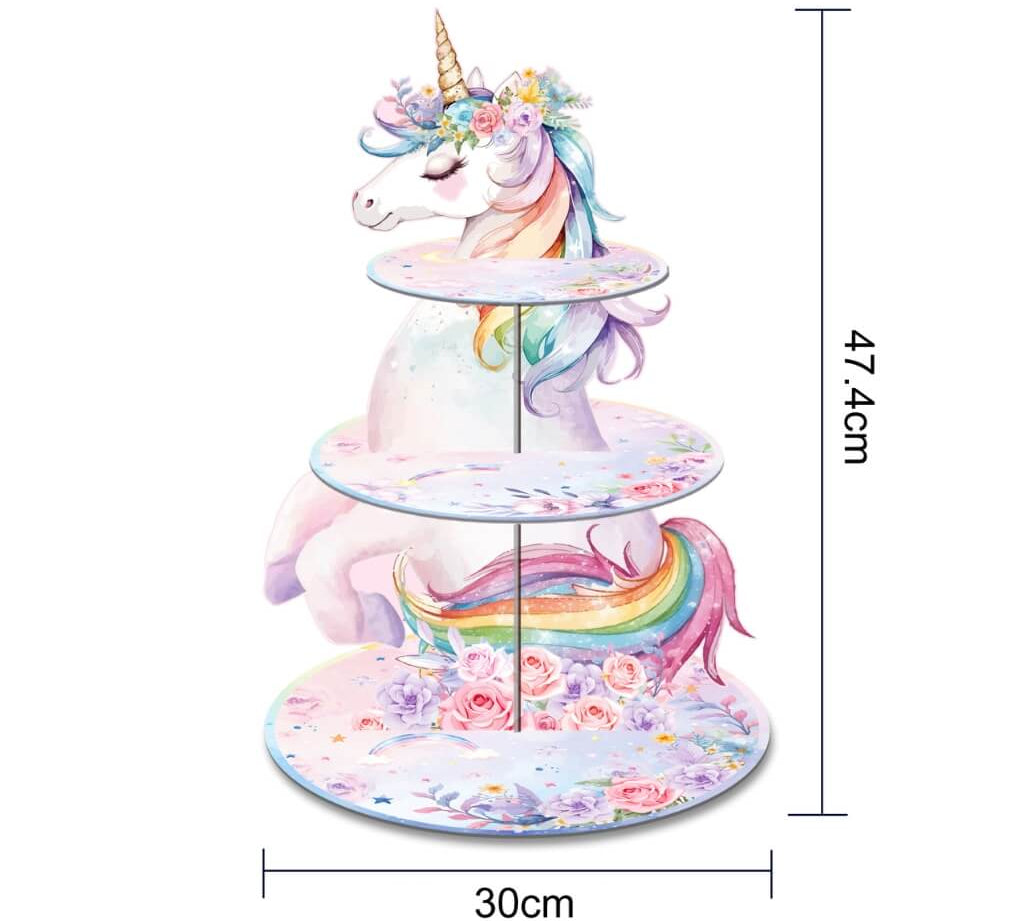 Unicorn-themed cup cake stand with measurements on a white background