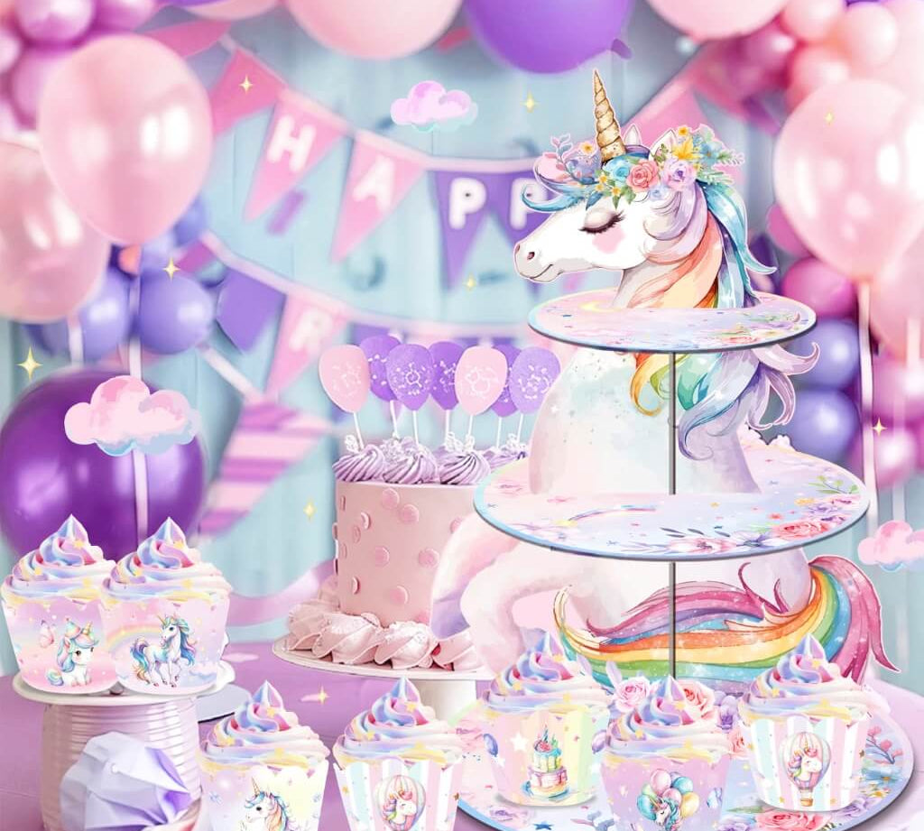 Unicorn-themed cupcake stand for displaying party desserts