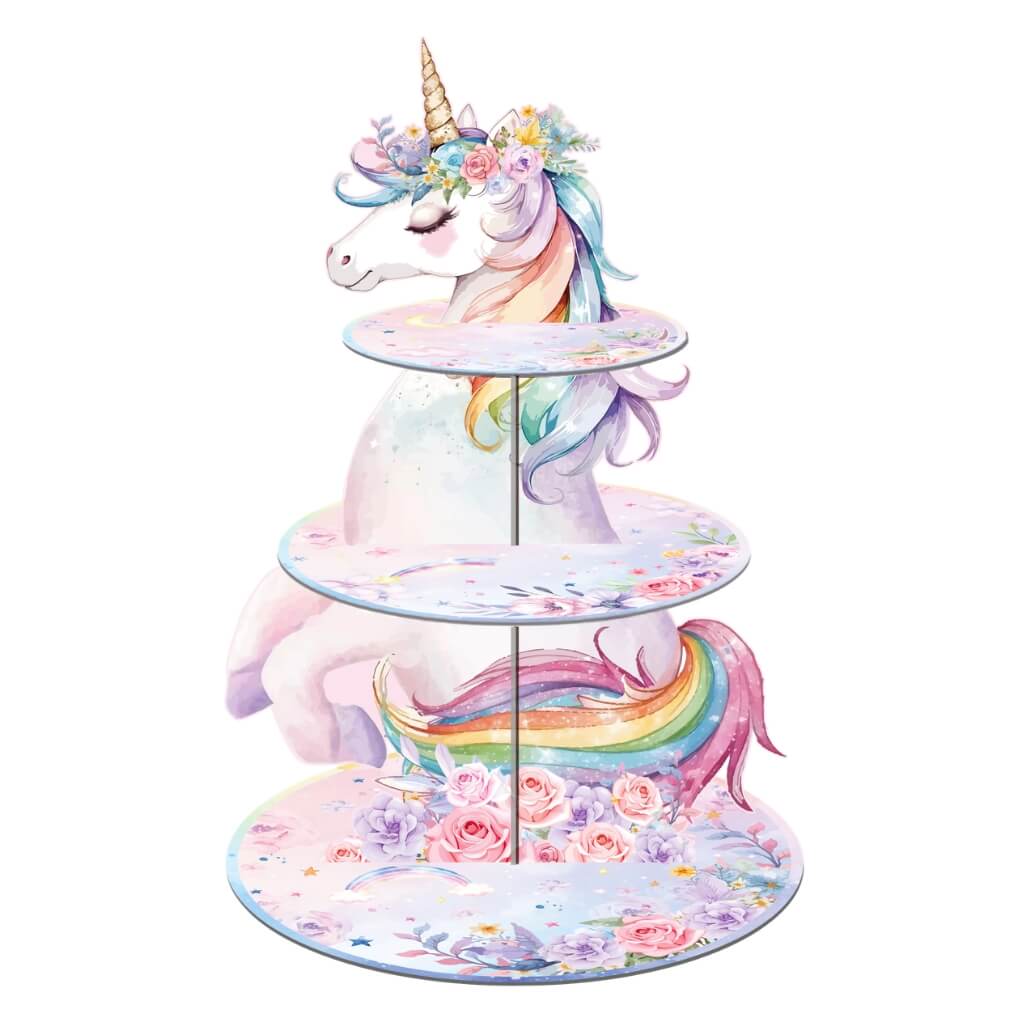 Unicorn-themed three-tiered stand for cupcakes with floral designs on a white background