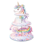 Unicorn-themed three-tiered stand for cupcakes with floral designs on a white background
