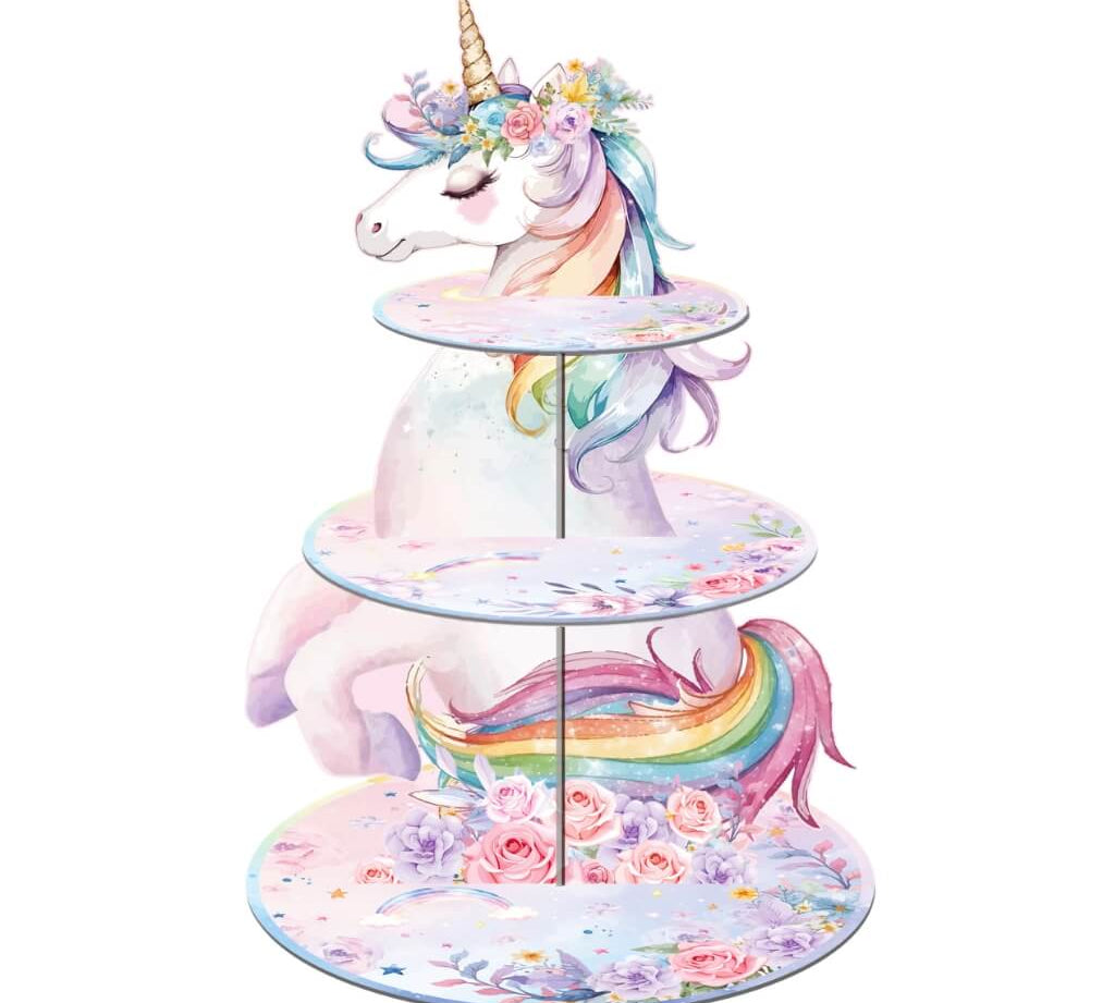 Unicorn-themed three-tiered stand for cupcakes with floral designs on a white background