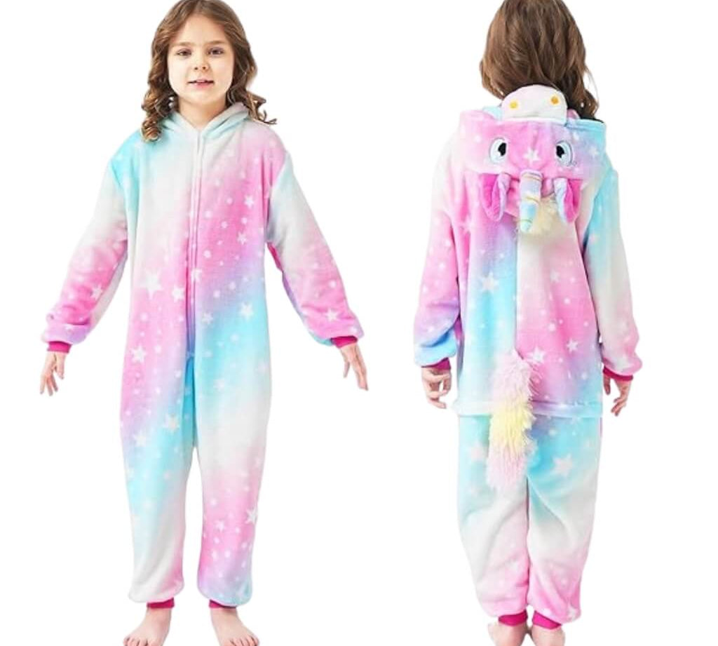 Child wearing a colorful unicorn onesie with star pattern, shown from front and back.
