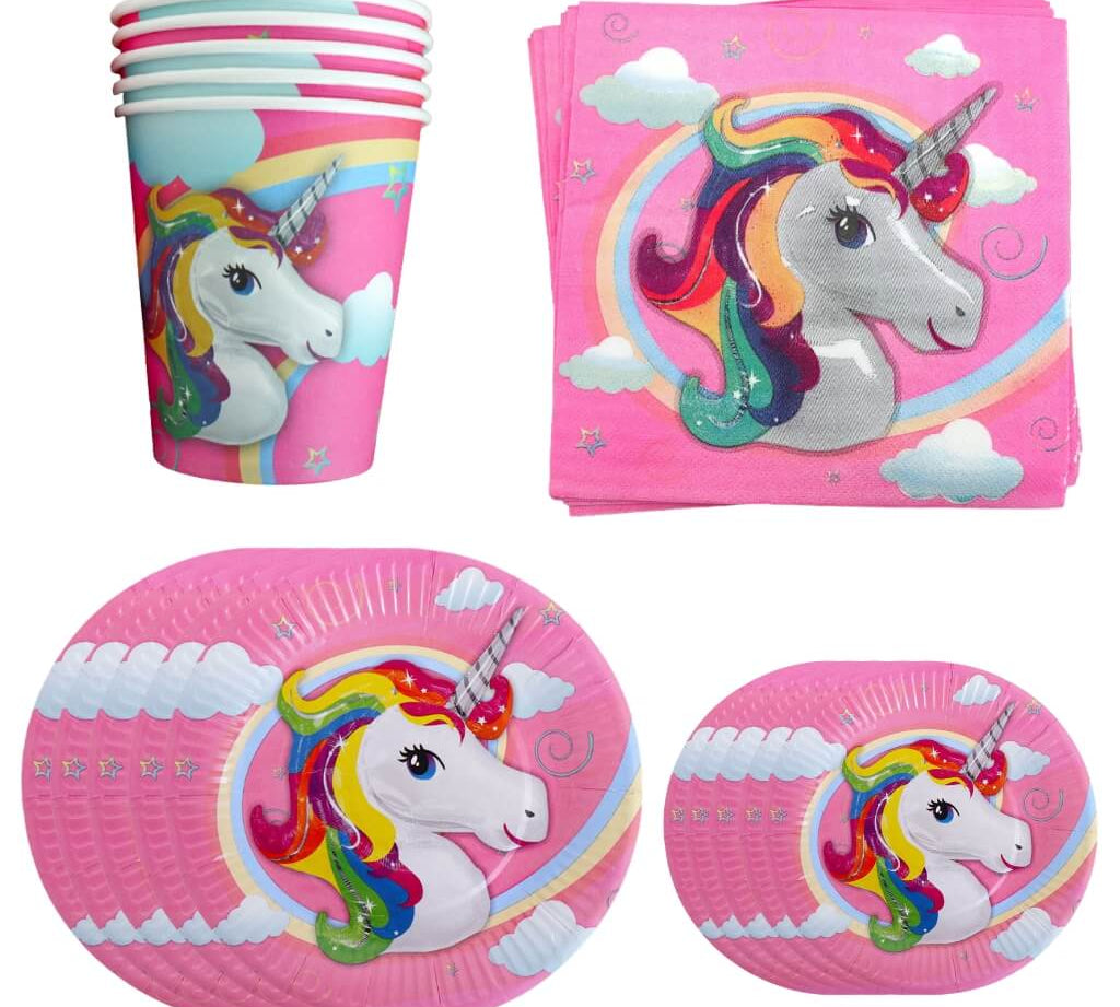 Unicorn-themed party tableware with magical designs including plates, napkins and cups