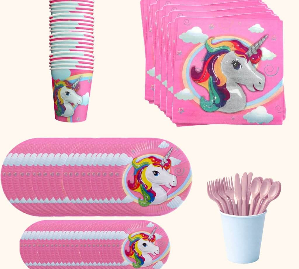 Complete 20-piece unicorn-themed party tableware set with cups, napkins, plates and cutlery