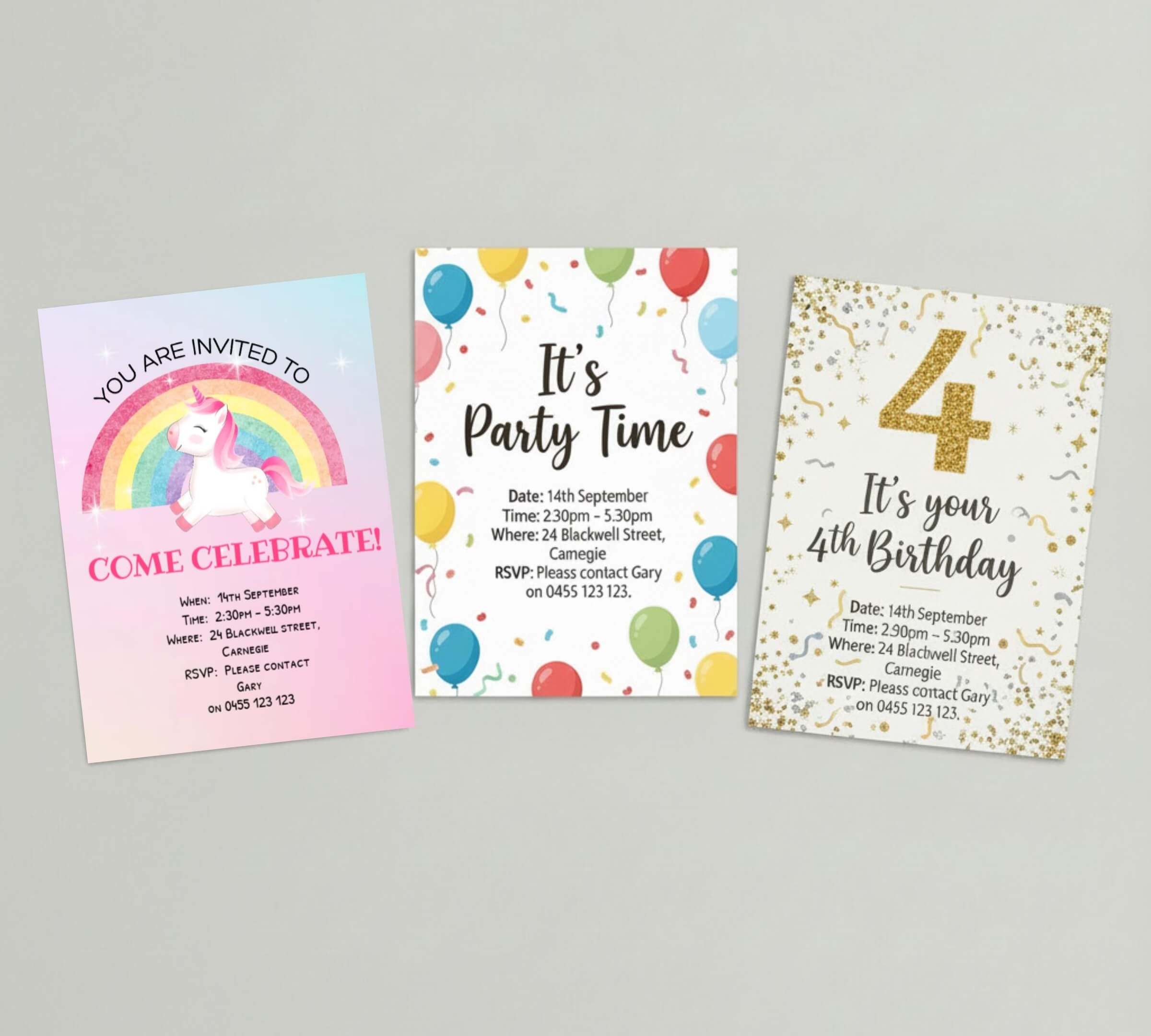 Three printable unicorn rainbow themed kids birthday party invitation designs