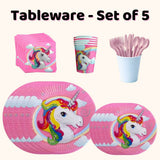 Unicorn party tableware set with plates, cups, napkins and cutlery for a kids party or rainbow party