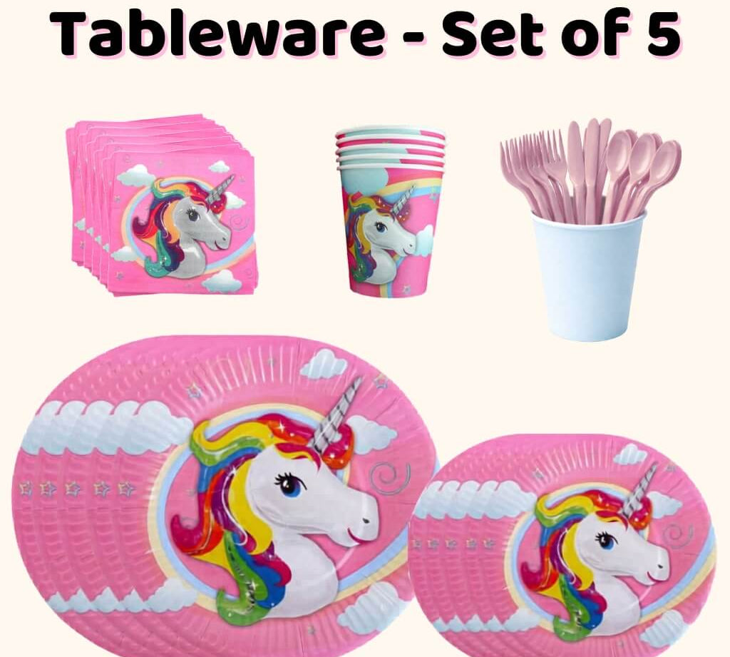 Unicorn party tableware set with plates, cups, napkins and cutlery for a kids party or rainbow party
