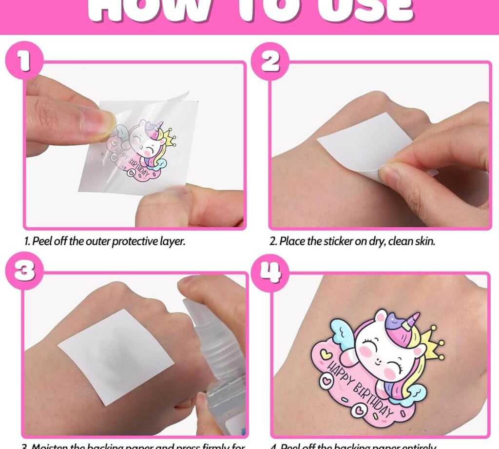 Unicorn temporary tattoo how to use instructions for kids birthday party, peel and press transfer steps, Australia