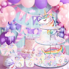 Unicorn-themed cupcake stand for displaying party desserts